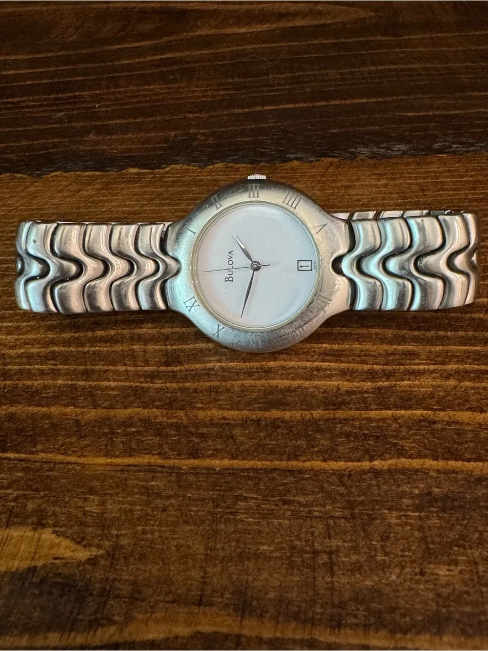 Bulova Silver Tone Wave-Link Bracelet Watch with White Dial